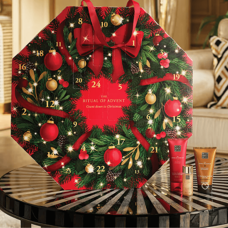 Rituals Advent Calendar 2025 in a festive red wreath design with 24 luxury beauty and wellness treats.