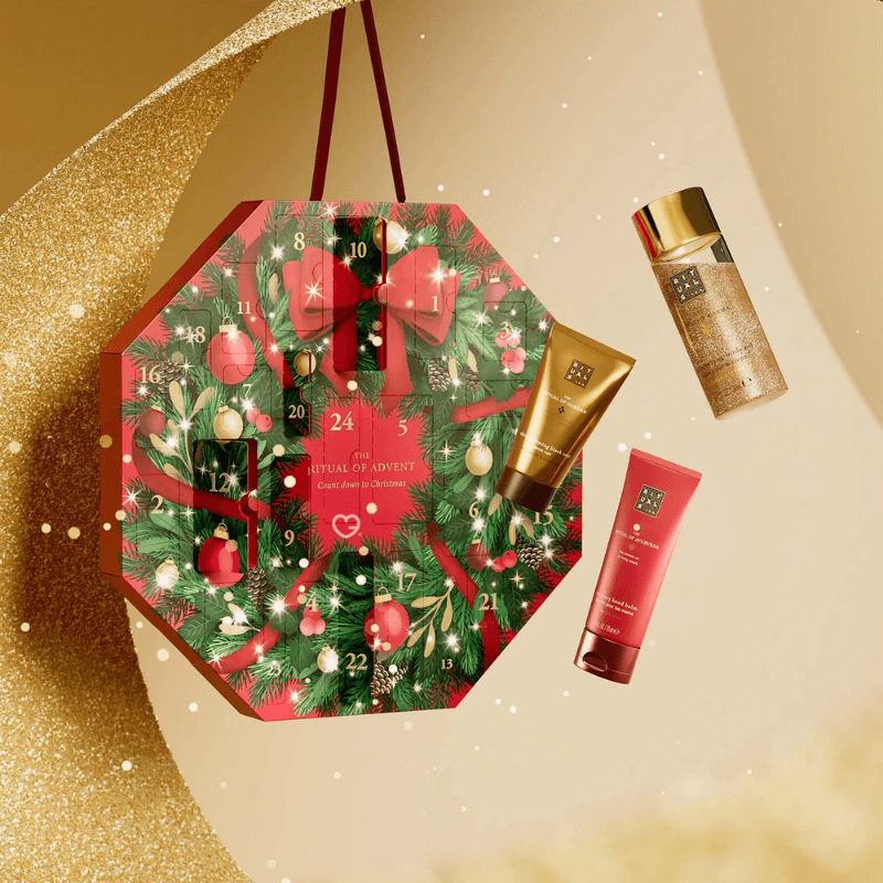 Rituals Advent Calendar 2025 in a festive red wreath design with 24 luxury beauty and wellness treats.