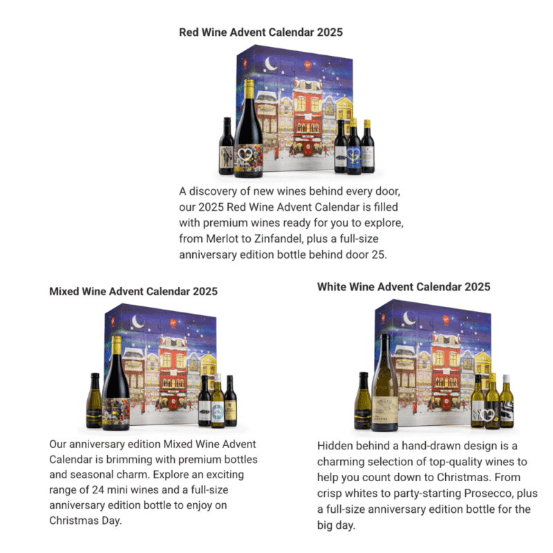 Virgin Wine Advent Calendar 2025 featuring 25 white, mixed or red wines from global regions, including a full-size anniversary Cabernet Sauvignon. Perfect for wine lovers seeking a festive tasting experience.