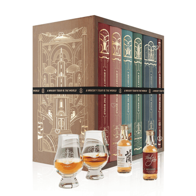 Whisky Tour of Scotland Advent Calendar 2025 is a masterfully designed set, featuring five linen-bound and gold-foiled books within a handmade, engraved wooden bookcase.