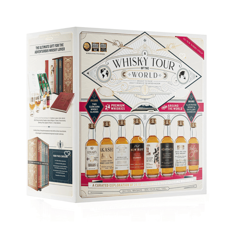 Whisky Tour of Scotland Advent Calendar 2025 is a masterfully designed set, featuring five linen-bound and gold-foiled books within a handmade, engraved wooden bookcase.