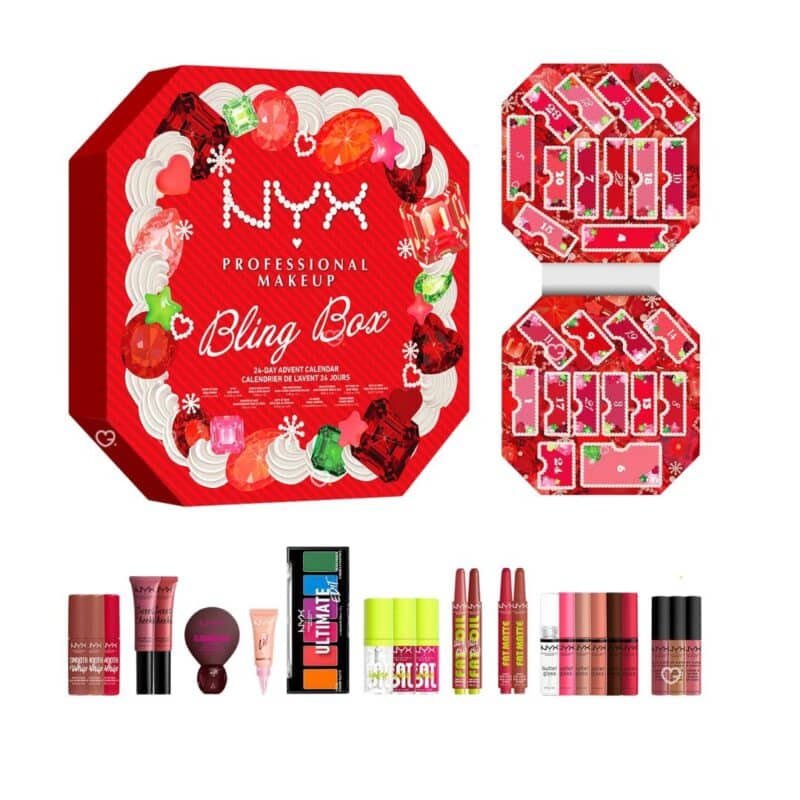 NYX Bling Box 2026 flat lay of all 24 full-size makeup products
