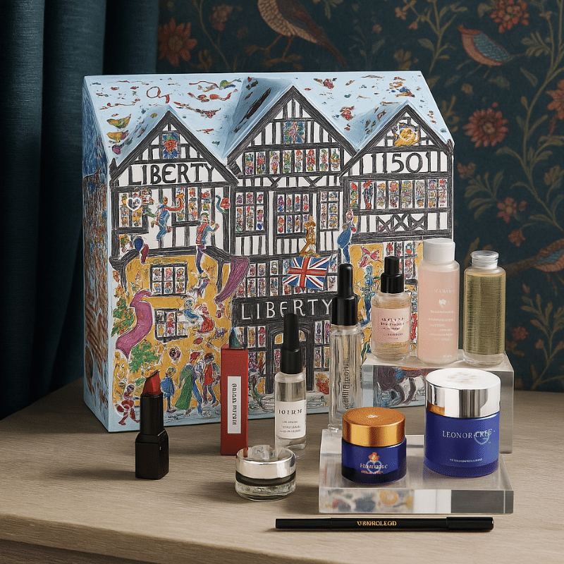 Luxurious Liberty London Beauty Advent Calendar 2025, illustrated in the shape of the iconic Tudor storefront, featuring high-end skincare, makeup, and fragrance products from brands like Le Labo, Augustinus Bader, and Sisley.