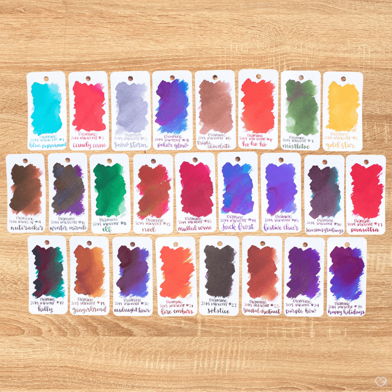 25 little bottles of ink in lots of lovely colours. Behind each of 24 of the doors is a bottle of 12ml ink, while behind the 25th is a 30ml bottle (because it's Christmas after all).