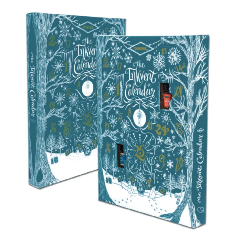 Diamine Inkvent Advent Calendar 2025 with 24 mini 12ml inks and one 30ml bottle, a festive collectible for fountain pen lovers.