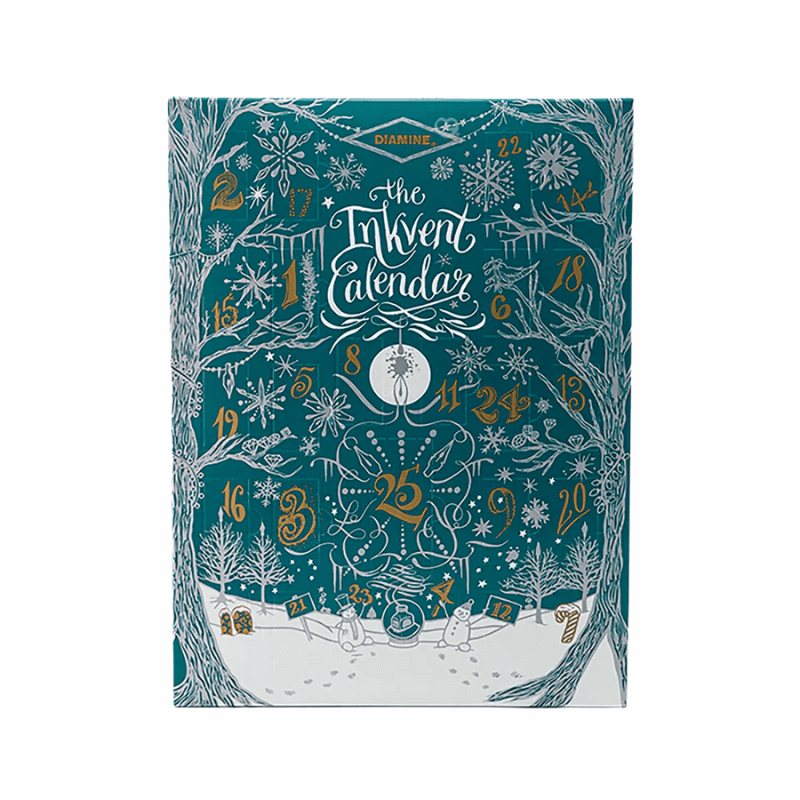 Diamine Inkvent Advent Calendar 2025 with 24 mini 12ml inks and one 30ml bottle, a festive collectible for fountain pen lovers.