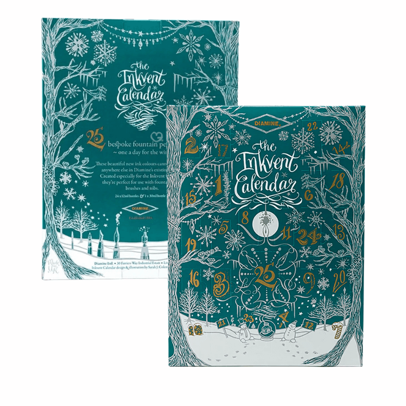 Diamine Inkvent Advent Calendar 2025 with 24 mini 12ml inks and one 30ml bottle, a festive collectible for fountain pen lovers.