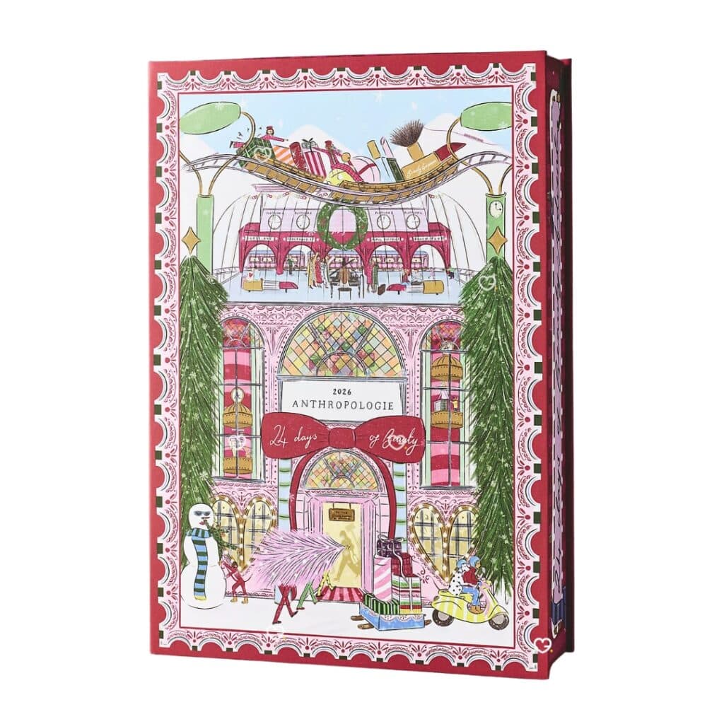 Anthropologie 24 Days of Beauty Advent Calendar 2026, closed box with illustrated artwork by Nephthys Foster