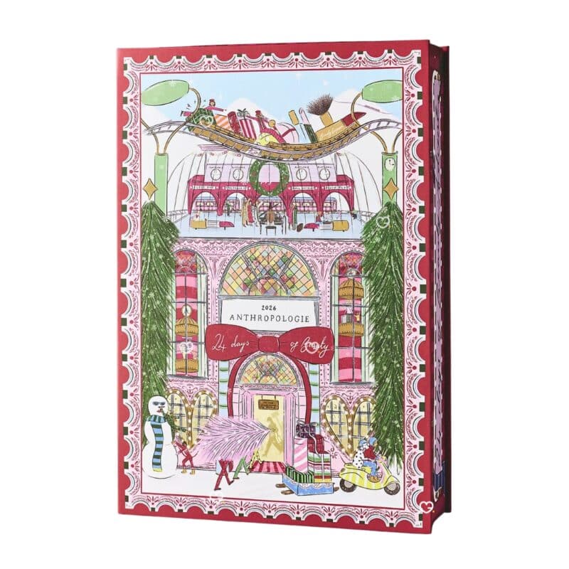Anthropologie 24 Days of Beauty Advent Calendar 2026, closed box with illustrated artwork by Nephthys Foster