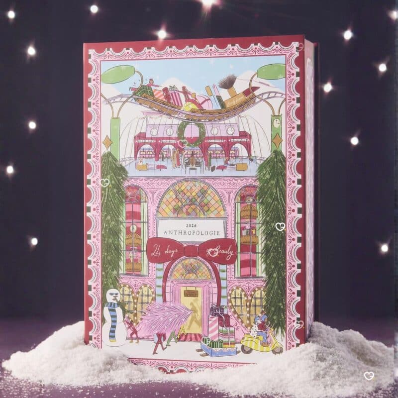 Anthropologie 24 Days of Beauty advent calendar 2026, closed box against a festive background