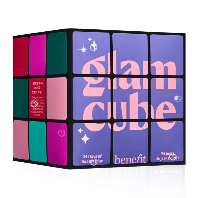 2025 benefit advent calendar filled with 24 beauty favorites like Bronzer, mascara, blush.. in a design box The Glam Cube