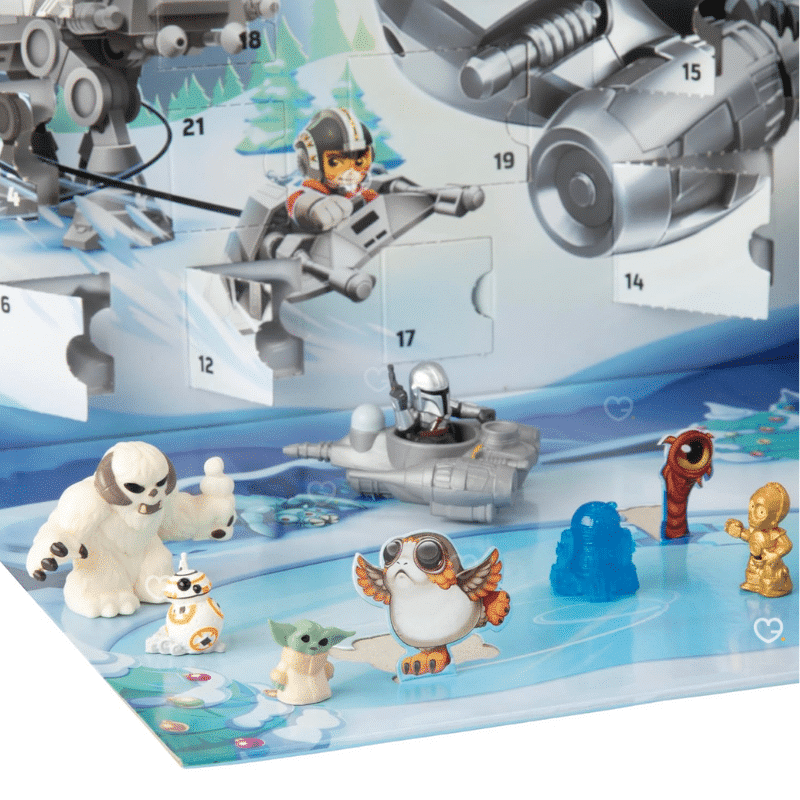 Star Wars MicroForce Advent Calendar 2025 with 18 mini characters, 6 vehicles, and fold-out snowy playset, perfect for kids and gift-givers.