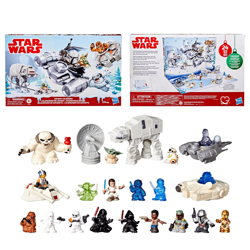 Star Wars MicroForce Advent Calendar 2025 with 18 mini characters, 6 vehicles, and fold-out snowy playset, perfect for kids and gift-givers.