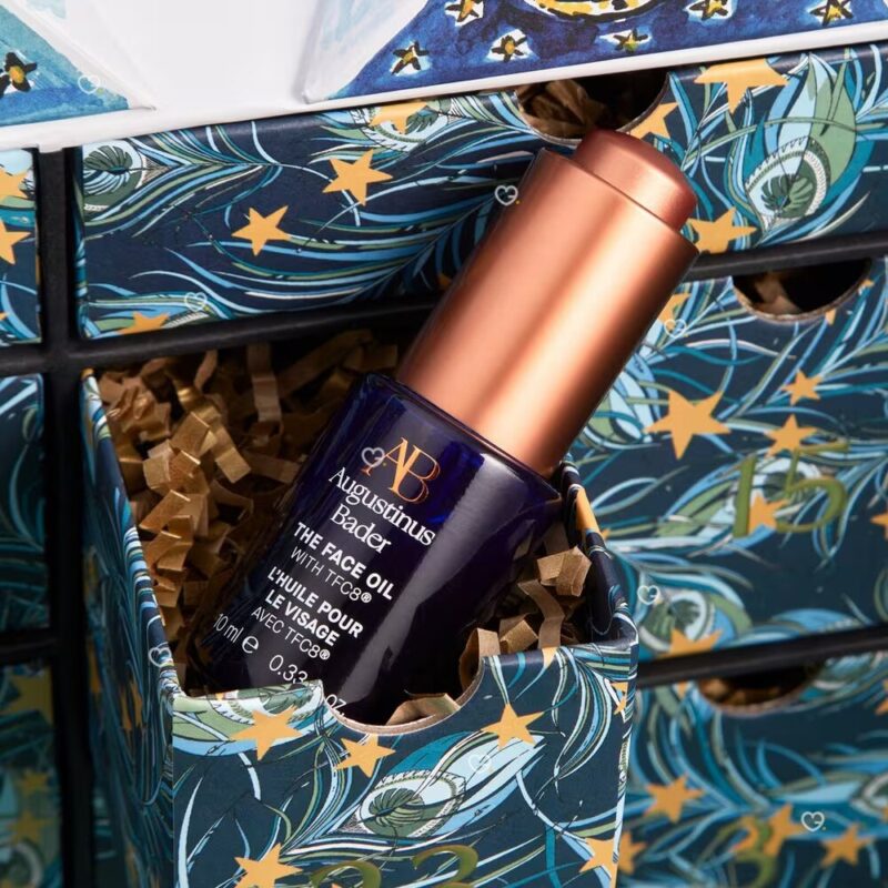 Close-up of a serum from the Liberty Beauty Advent Calendar 2026 on Liberty print interior