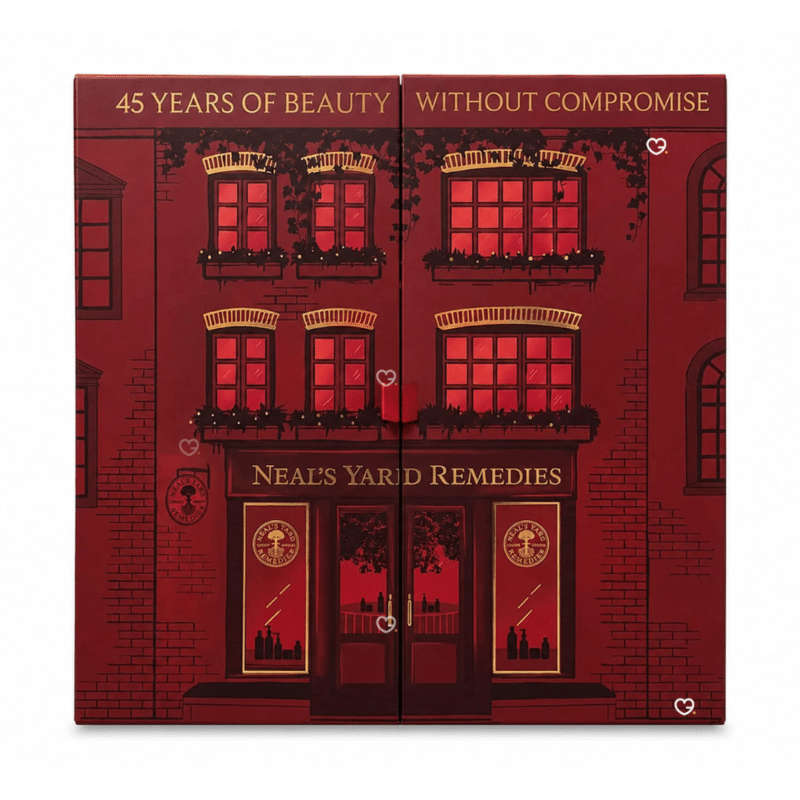 Neal's Yard Remedies 2026 advent calendar closed, front panel with Covent Garden flagship illustration