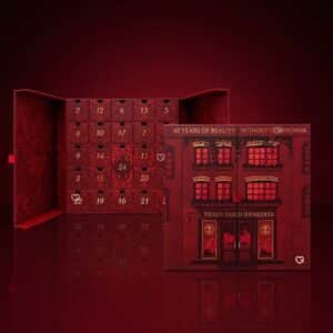 Neal's Yard Remedies 2026 advent calendar open, showing 24 numbered drawers and Covent Garden flagship illustration, red background