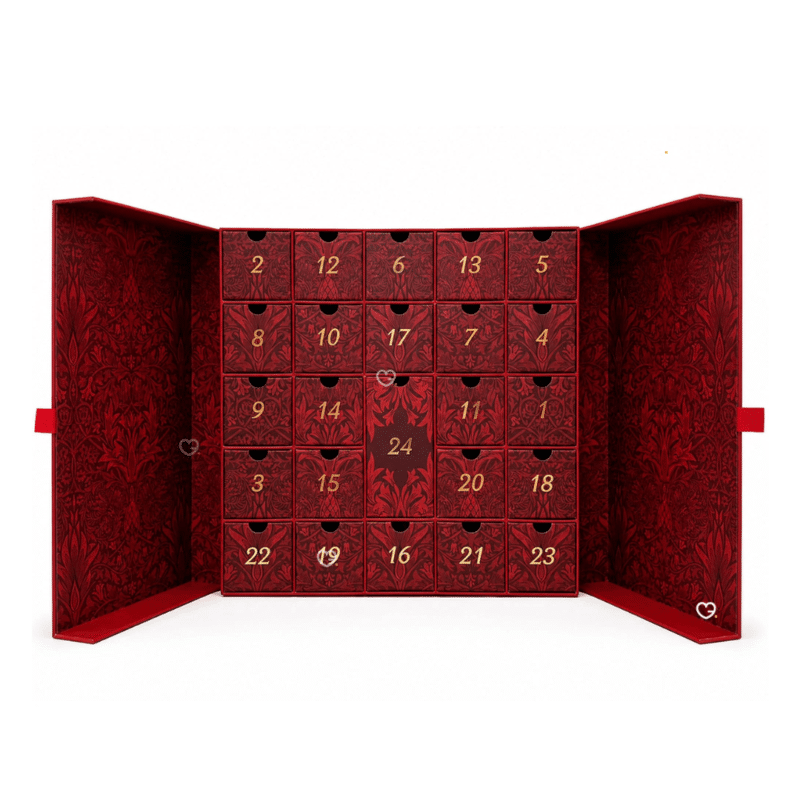 Neal's Yard Remedies 2026 advent calendar open flat, all 24 numbered drawers revealed