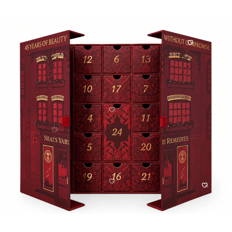 Neal's Yard Remedies 2026 advent calendar shown three-quarter open at an angle