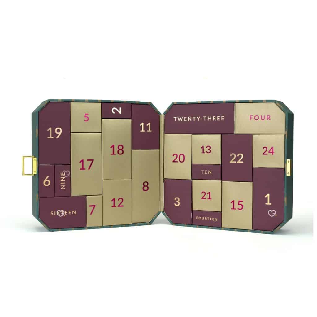 The Perfume Shop Advent Calendar 2026 open box showing 24 numbered fragrance doors