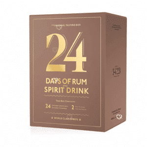 24 Days of Rum Advent Calendar 2025 with 24 rum miniatures, 2 tasting glasses and festive gift packaging.