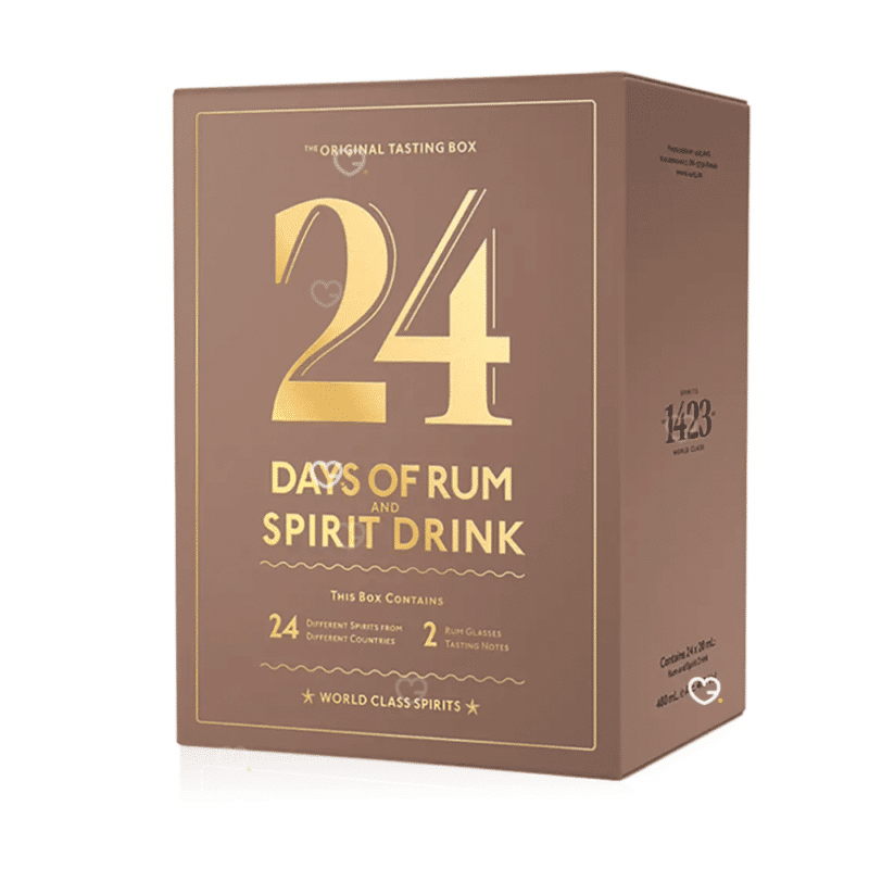 24 Days of Rum Advent Calendar 2025 with 24 rum miniatures, 2 tasting glasses and festive gift packaging.