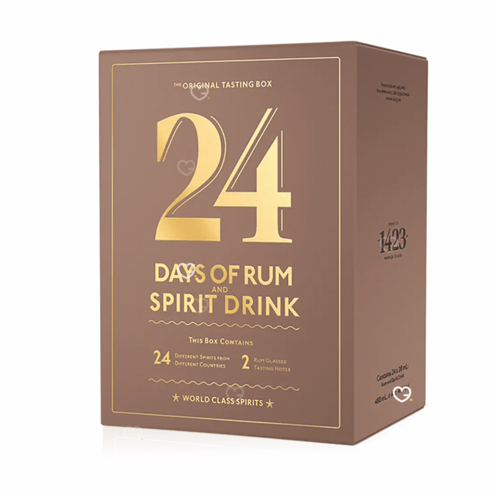 24 Days of Rum Advent Calendar 2025 with 24 rum miniatures, 2 tasting glasses and festive gift packaging.