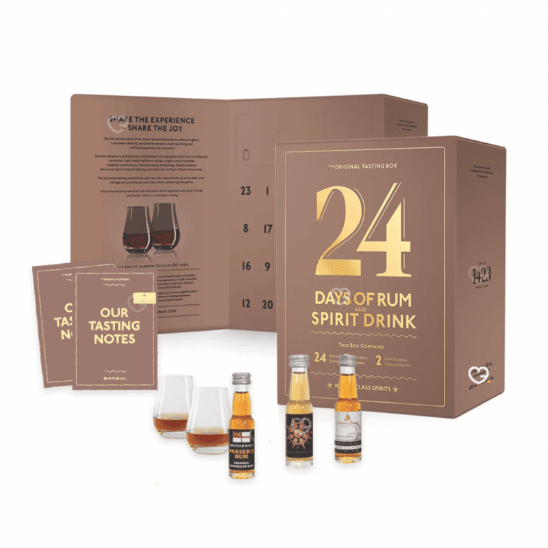24 Days of Rum Advent Calendar 2025 with 24 rum miniatures, 2 tasting glasses and festive gift packaging.