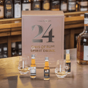 24 Days of Rum Advent Calendar 2025 with 24 rum miniatures, 2 tasting glasses and festive gift packaging.