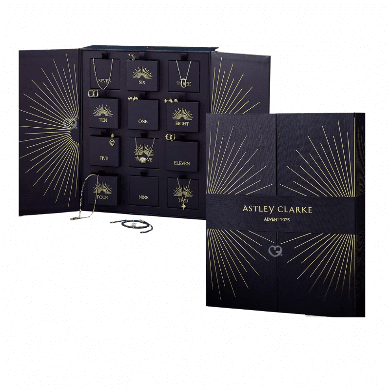 Astley Clarke Advent Calendar 2025, a 12-day limited-edition luxury jewellery set with 18ct yellow-gold vermeil and sterling-silver pieces for style-conscious women.