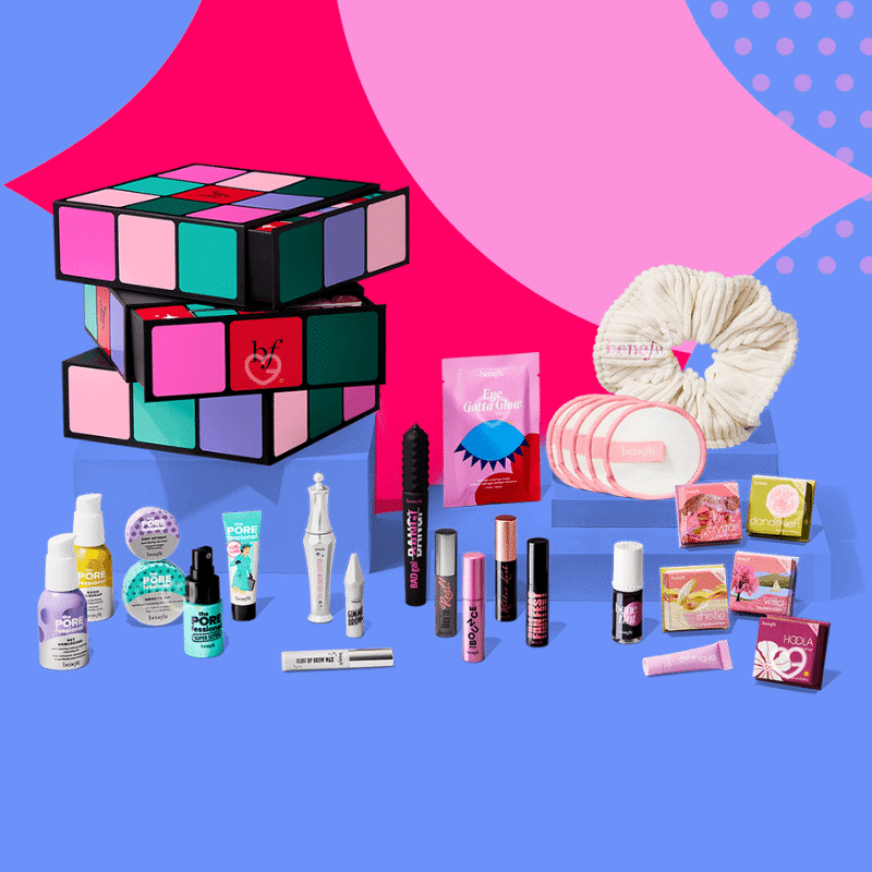 Benefit Advent Calendar 2025 with 24 beauty treats including primers, mascaras, blushes and festive minis.