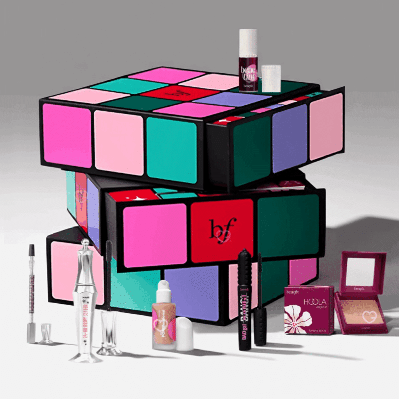 Benefit Advent Calendar 2025 with 24 beauty treats including primers, mascaras, blushes and festive minis.