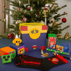 Brawl Stars Advent Calendar 2025 with 24 themed collectibles in blue packaging with yellow accents.