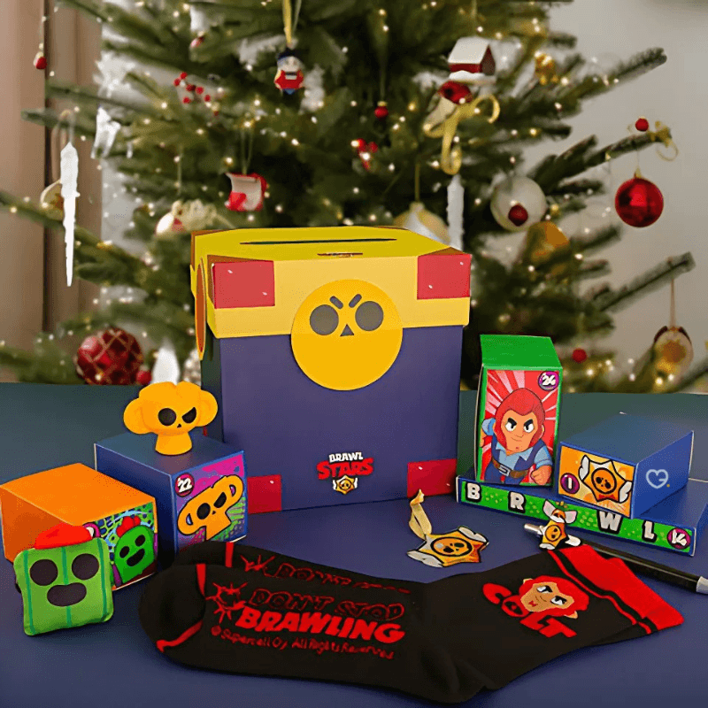 Brawl Stars Advent Calendar 2025 with 24 themed collectibles in blue packaging with yellow accents.