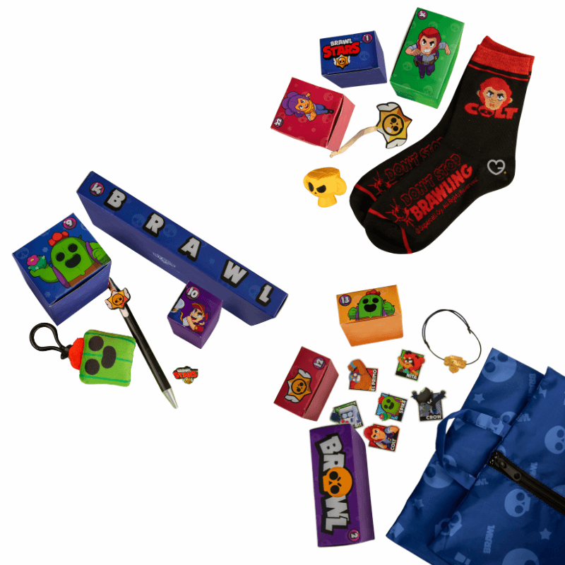 Brawl Stars Advent Calendar 2025 with 24 themed collectibles in blue packaging with yellow accents.