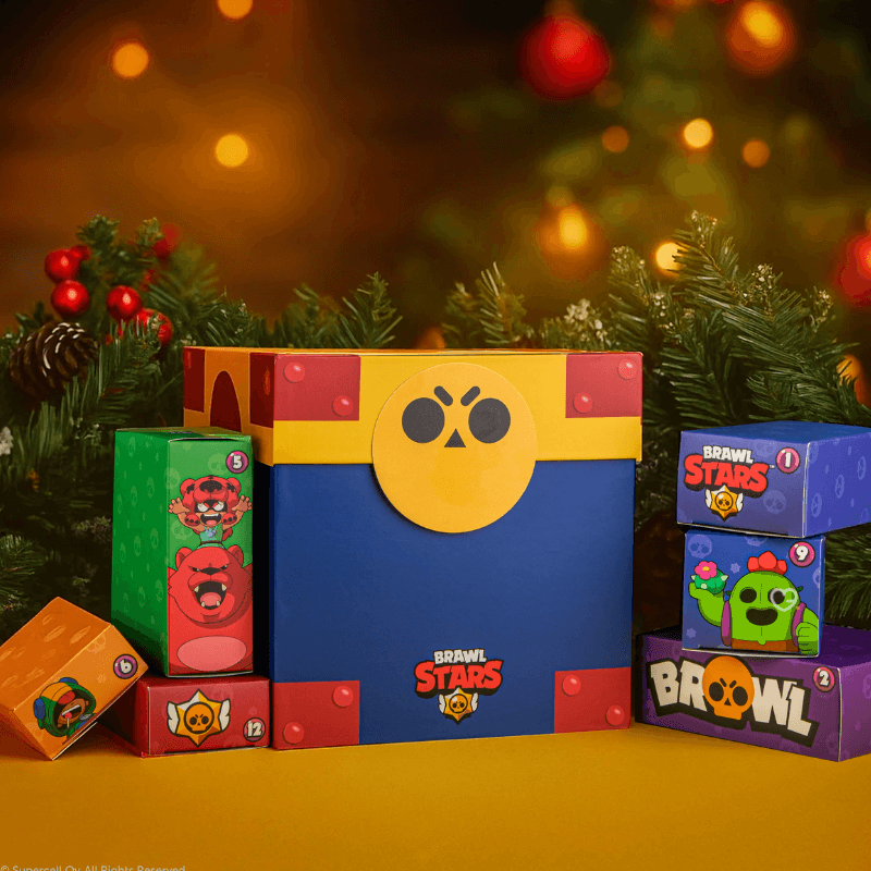 Brawl Stars Advent Calendar 2025 with 24 themed collectibles in blue packaging with yellow accents.