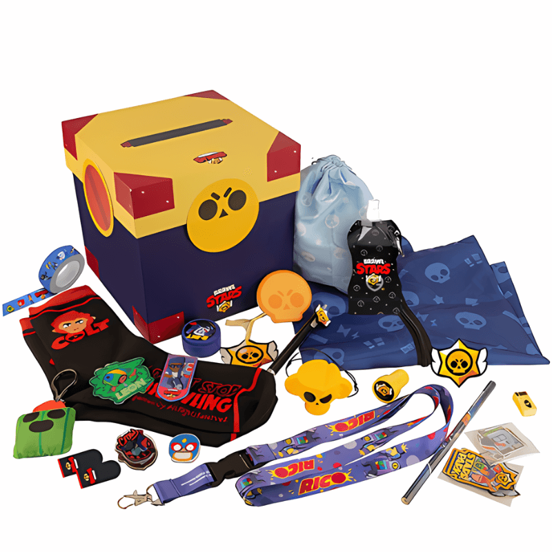 Brawl Stars Advent Calendar 2025 with 24 themed collectibles in blue packaging with yellow accents.