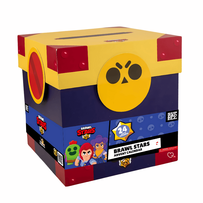 Brawl Stars Advent Calendar 2025 with 24 themed collectibles in festive red packaging with gold accents.
