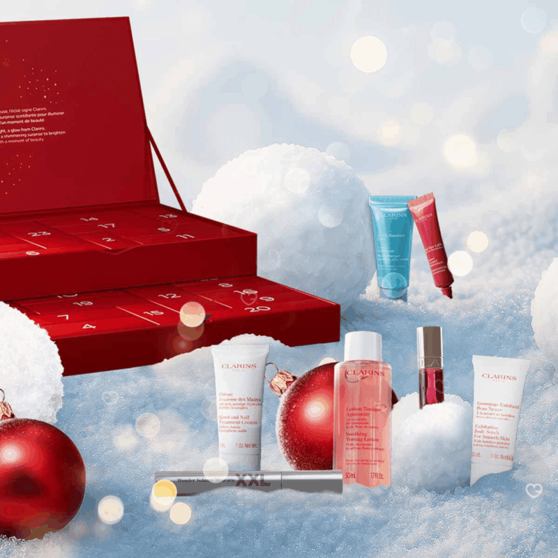 Clarins 24 Days Advent Calendar 2025 in red festive box with 24 mini skincare, makeup and body care treats.