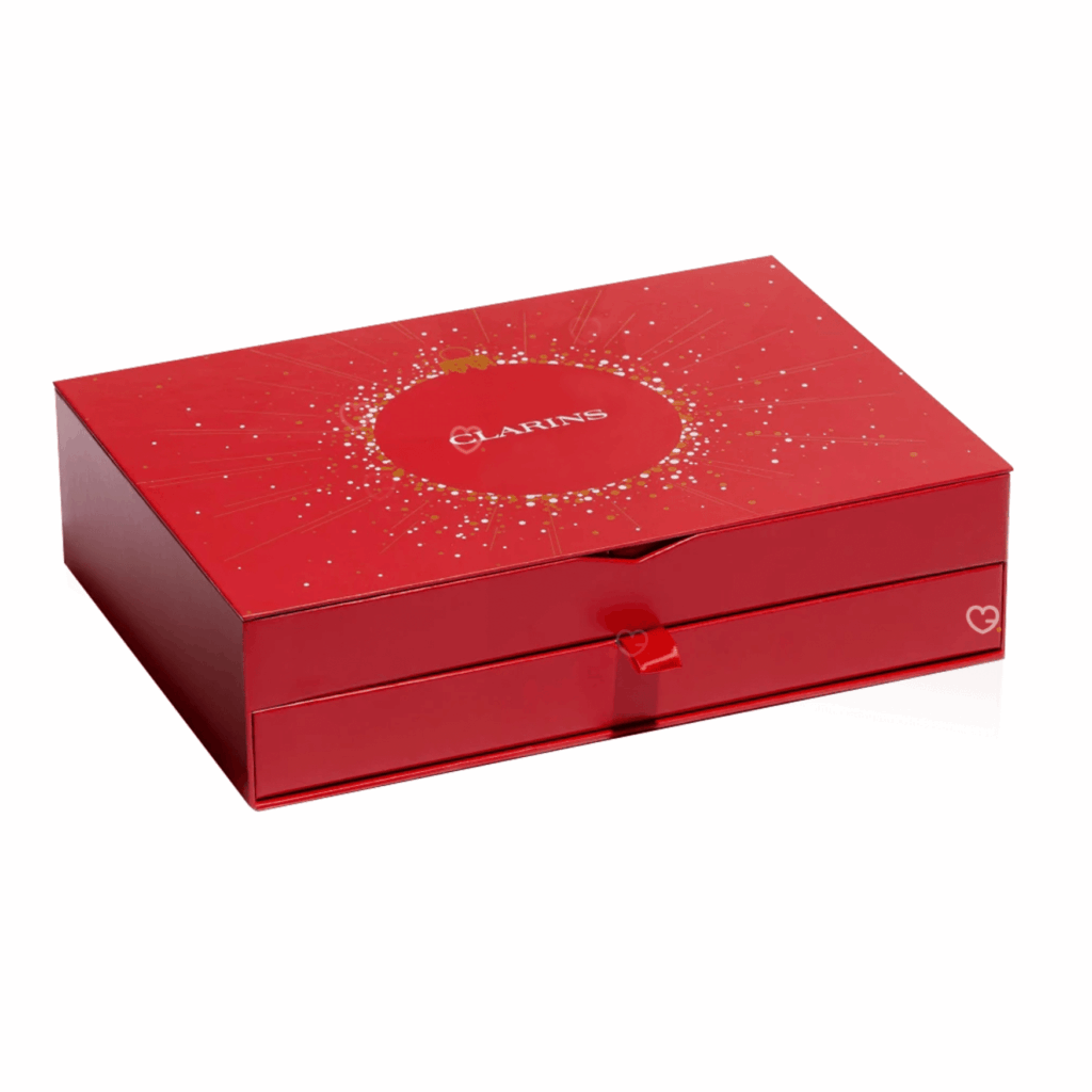 Clarins 24 Days Advent Calendar 2025 in red festive box with 24 mini skincare, makeup and body care treats.