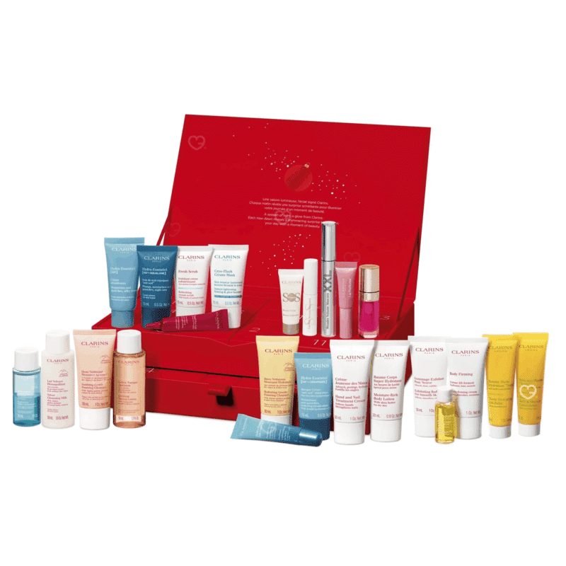 Clarins 24 Days Advent Calendar 2025 in red festive box with 24 mini skincare, makeup and body care treats.