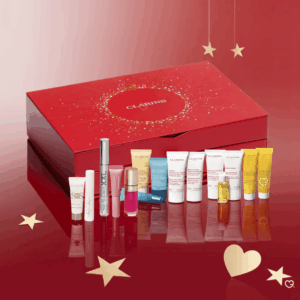 Clarins 24 Days Advent Calendar 2025 in red festive box with 24 mini skincare, makeup and body care treats.