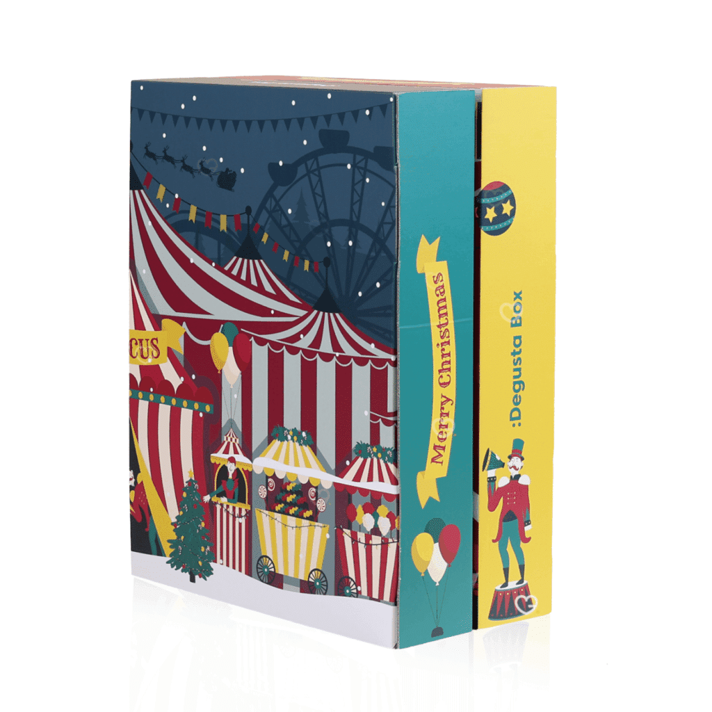 Degusta Box Advent Calendar 2025 with 24 full-sized sweet and savoury treats in a festive Christmas design.