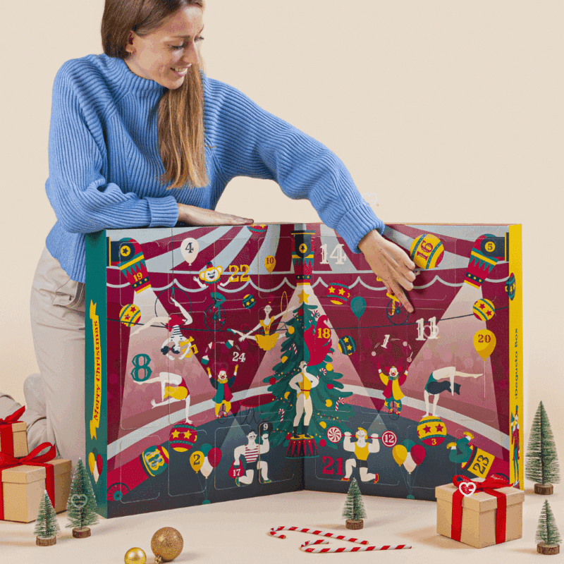 Degusta Box Advent Calendar 2025 with 24 full-sized sweet and savoury treats in a festive Christmas design.