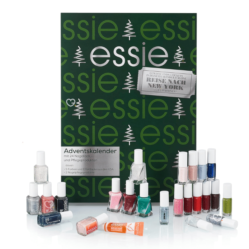 Essie Advent Calendar 2025 festive box with 24 nail polishes and care treats, including exclusive US shades.