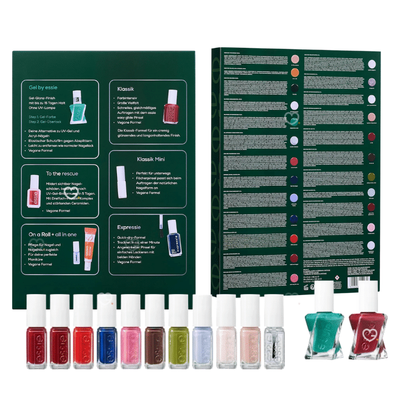 Essie Advent Calendar 2025 festive box with 24 nail polishes and care treats, including exclusive US shades.