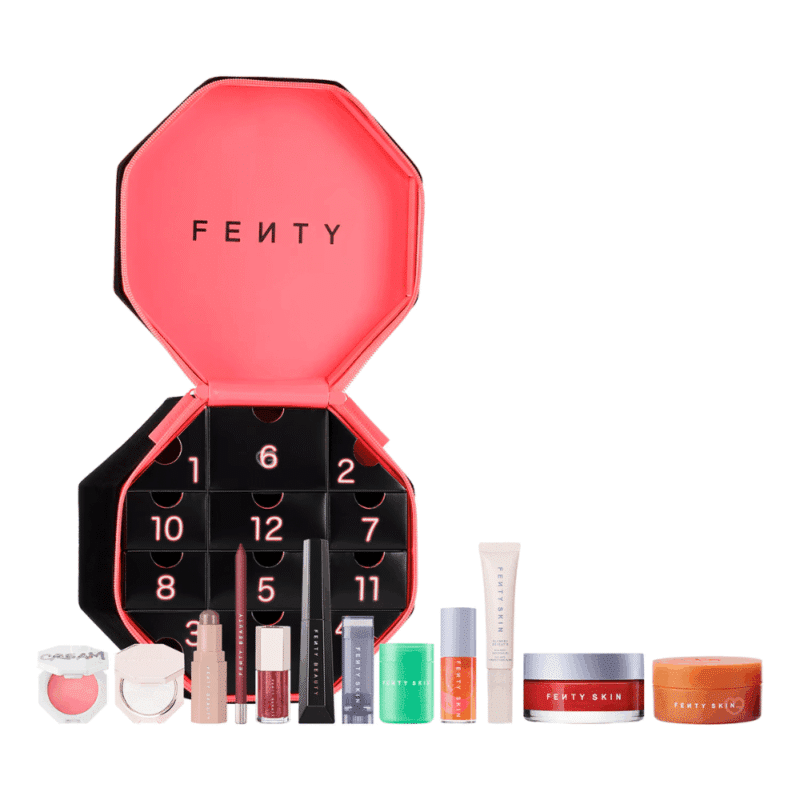 Fenty Beauty Advent Calendar 2025 with 12 mini and full-size makeup and skincare treats in festive gift packaging.