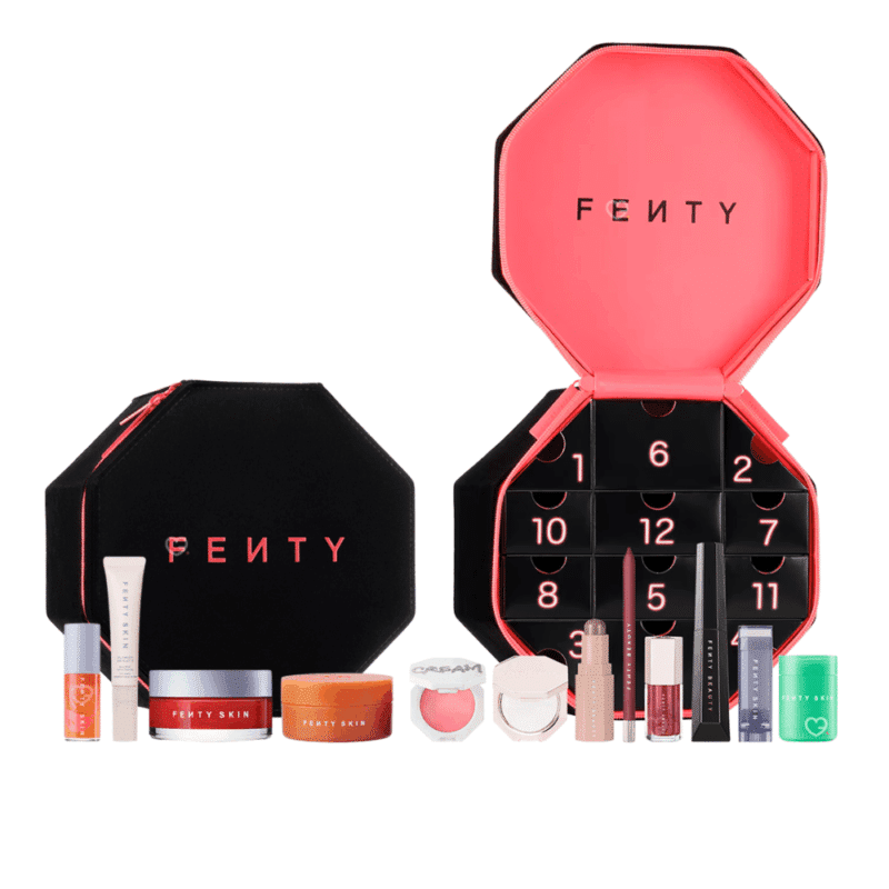 Fenty Beauty Advent Calendar 2025 with 12 mini and full-size makeup and skincare treats in festive gift packaging.