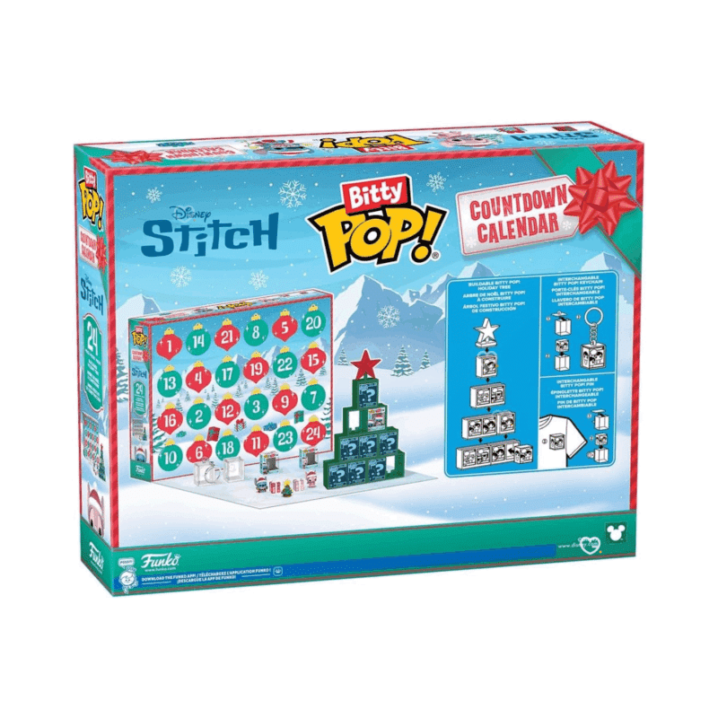 Funko POP Stitch Advent Calendar 2025 with 24 collectible mini-figures, display pieces and holiday accessories for Disney fans and collectors.