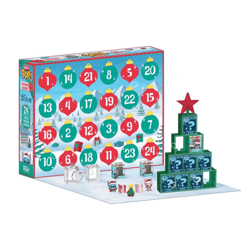 Funko POP Stitch Advent Calendar 2025 with 24 collectible mini-figures, display pieces and holiday accessories for Disney fans and collectors.