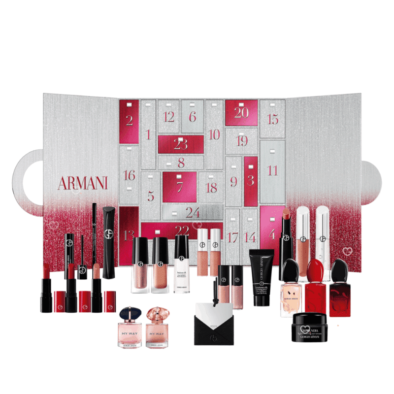 Giorgio Armani Advent Calendar 2025 with 24 luxury beauty surprises including perfumes, makeup, skincare and mirror, perfect for style-conscious women.